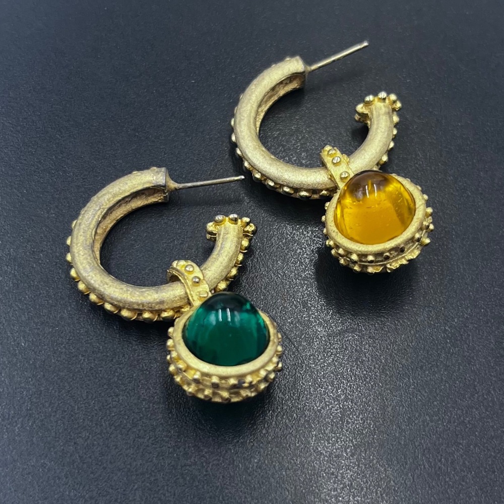 Vintage Gold Plated Hoop Dangle Green Yellow Cabochon Earrings